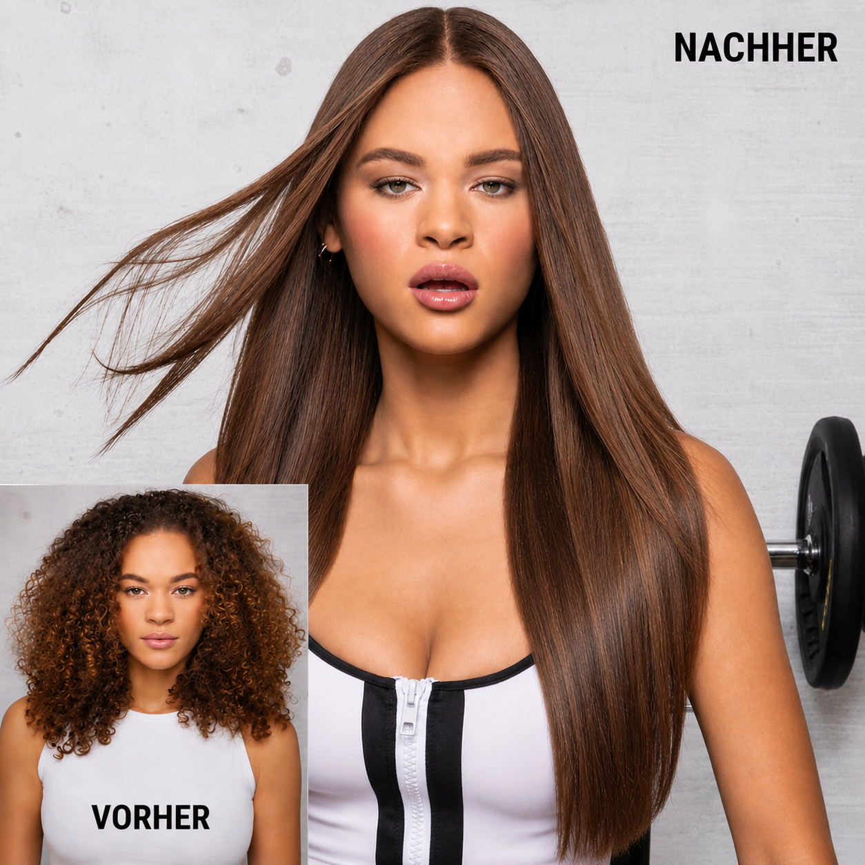Vorher-Nachher-Vergleich: Lockiges Haar, das in langes, glattes Haar verwandelt wurde.